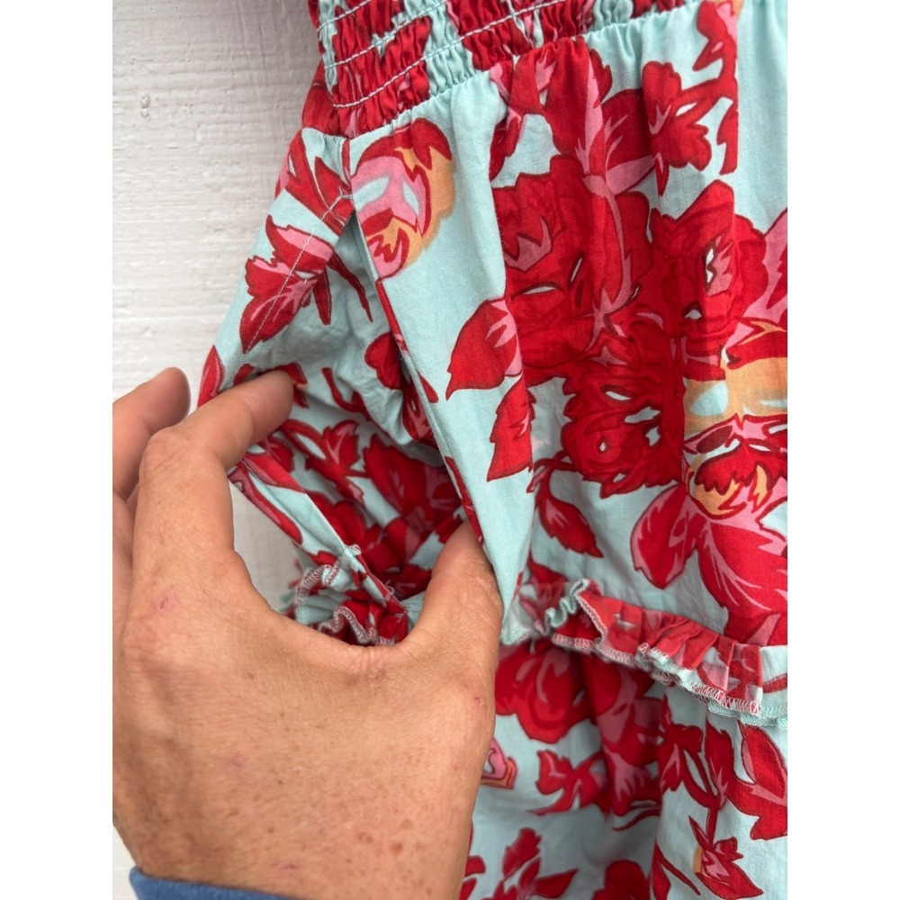 Caroline Constas Red Floral Puff Sleeve Tiered Mini Dress Size L Cotton Boho - Picture 7 of 7